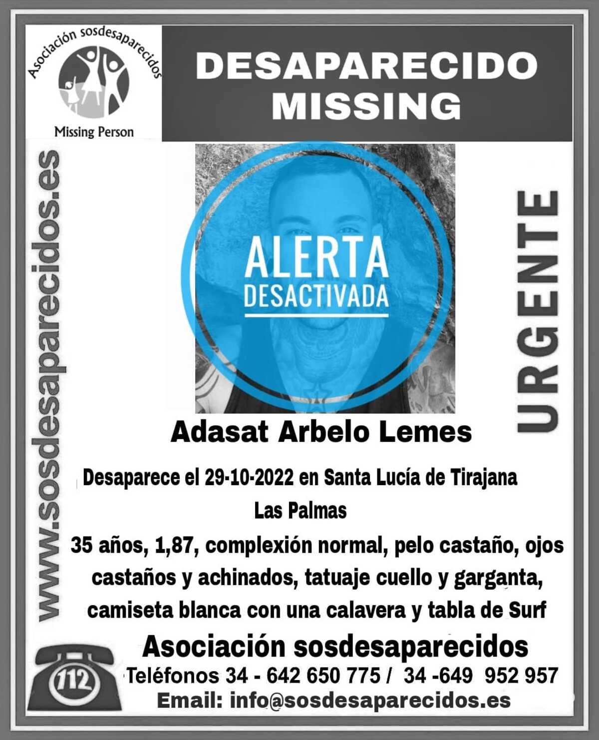 Desactivada la alerta de búsqueda de Adasat Arbelo Lemes.