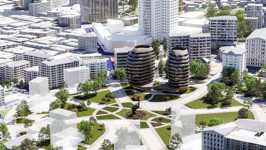 Recreación virtual de dos nuevos edificios previstos en la Praza de España.