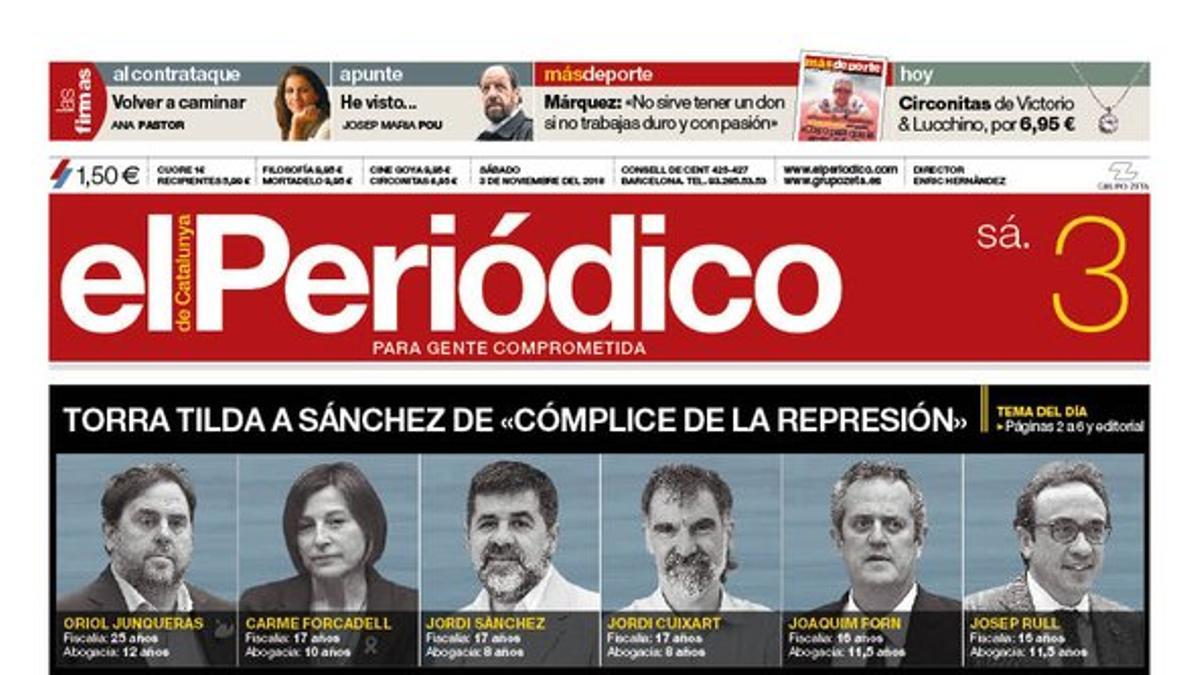 La portada de EL PERIÓDICO del 3 de noviembre del 2018