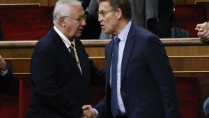 El líder del PP, Alberto Núñez Feijóo, junto al veterano Javier Arenas en el Congreso.