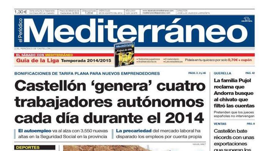 Castellón ‘genera’ cuatro trabajadores autónomos cada día durante el 2014, hoy en la portada de El Periódico Mediterráneo