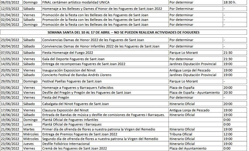 Actos de Hogueras a partir del 6 de marzo hasta el 24 de junio