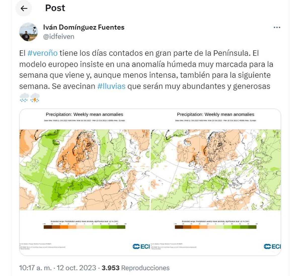 Tuit meteorológico del meteorólogo Iván Domínguez