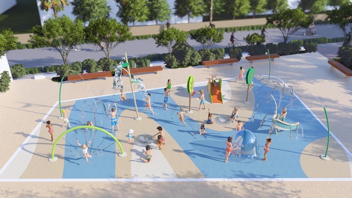 Imagen virtual sobre cómo prevén que quede el parque acuático urbano en la plaça del Parc de la Vall.