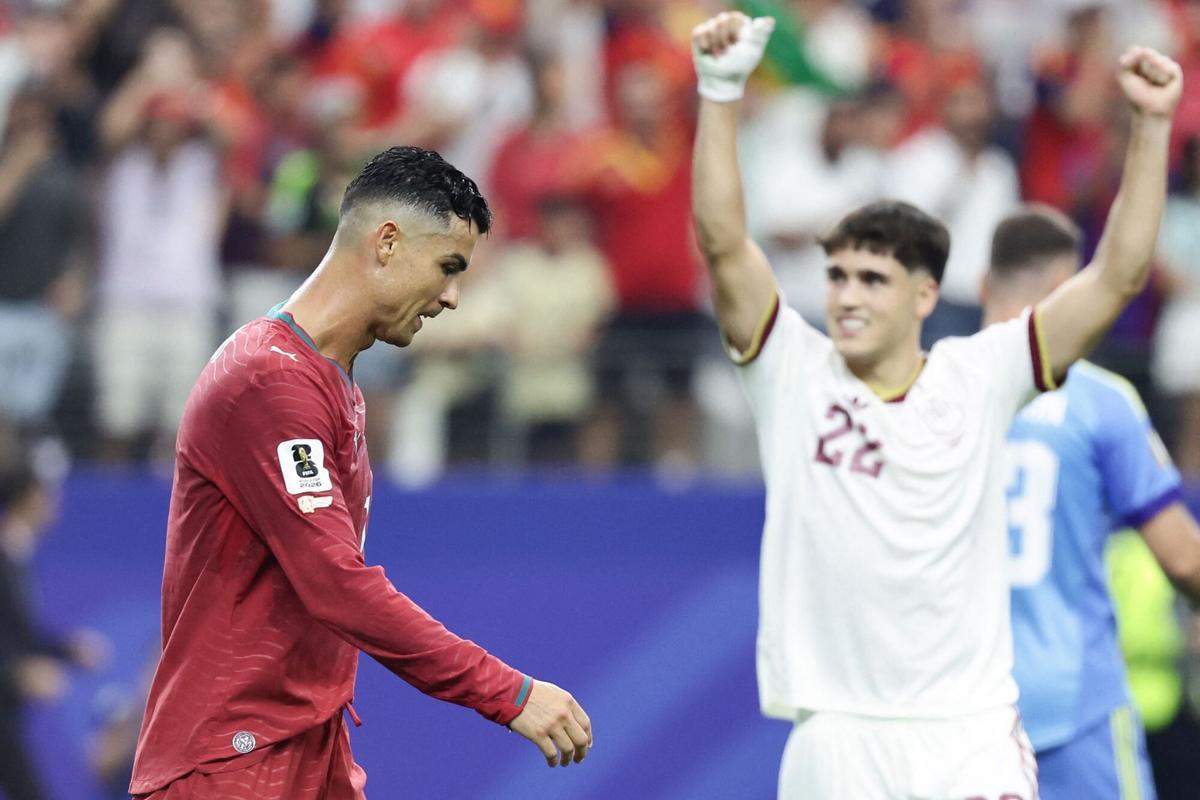 Portugal's forward #07 Cristiano Ronaldo reacts after losing the 2026 World Cup round of 16 football match between Portugal and Spain at the Dallas Stadium in Arlington on July 6, 2026. (Photo by Aric Becker / AFP)