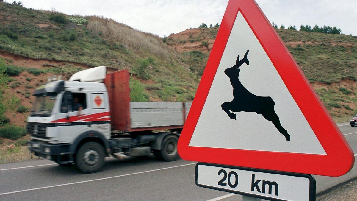 Señal de peligro por paso de animales salvajes en una carretera secundaria