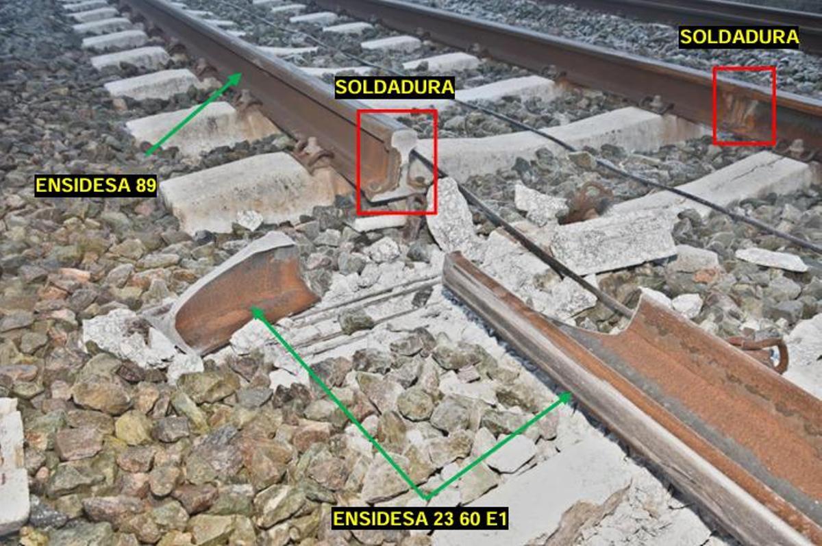 Carril roto, en una imagen posterior al accidente de Adamuz tomada por la Guardia Civil.
