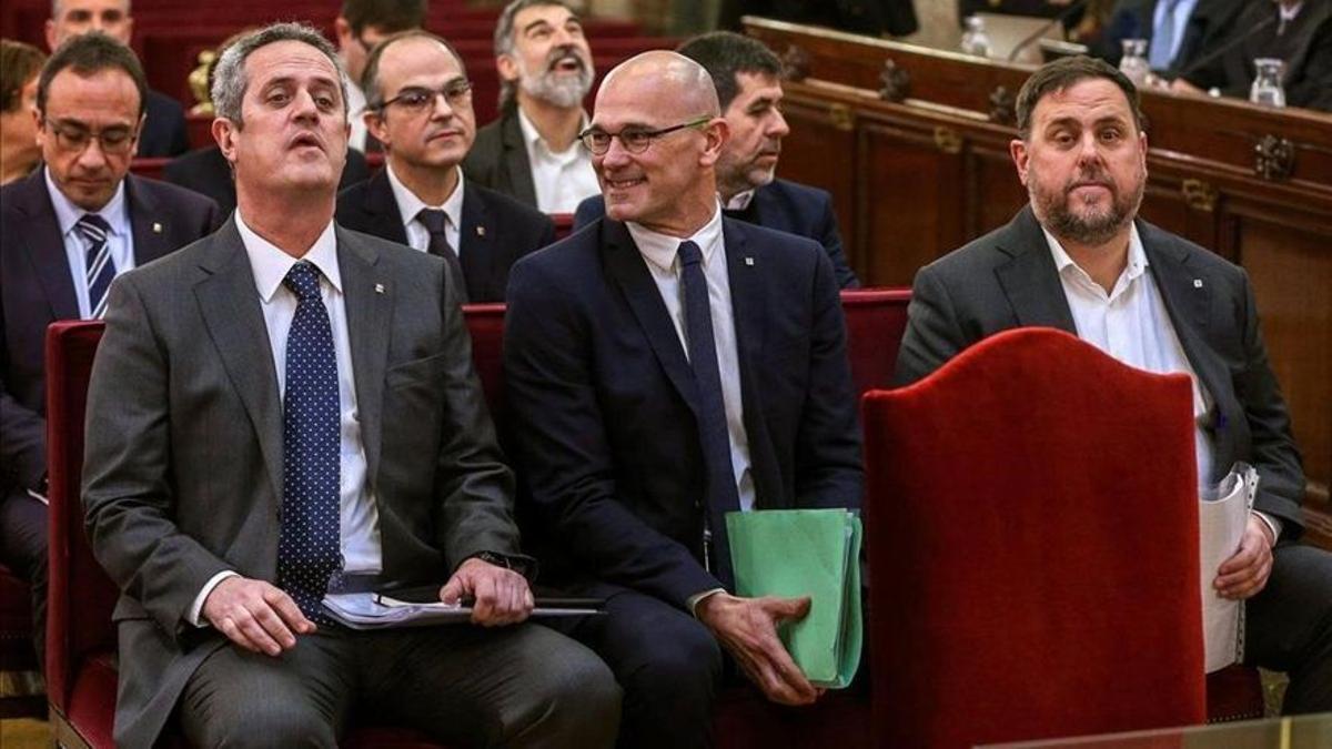 Joaquim Forn, Raül Romeva y Oriol Junqueras, en el banquillo del juicio del procés.