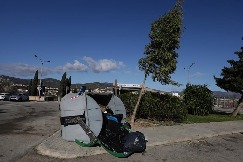 El viento vuelca varios contenedores en el palacio municpal de deportes Son Moix