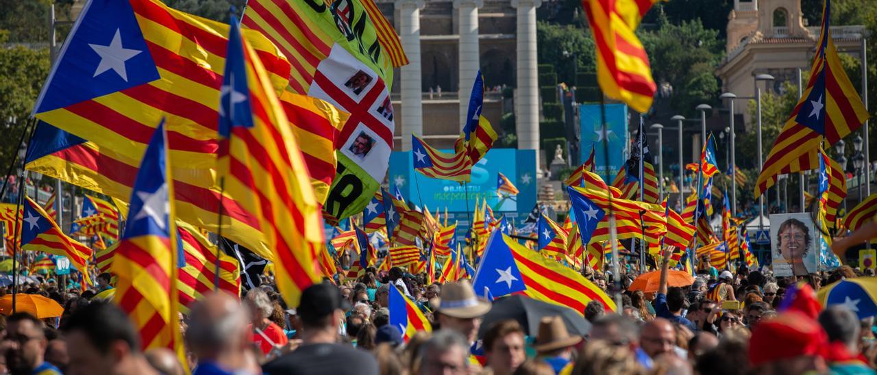 Cientos de personas con banderas esteladas.