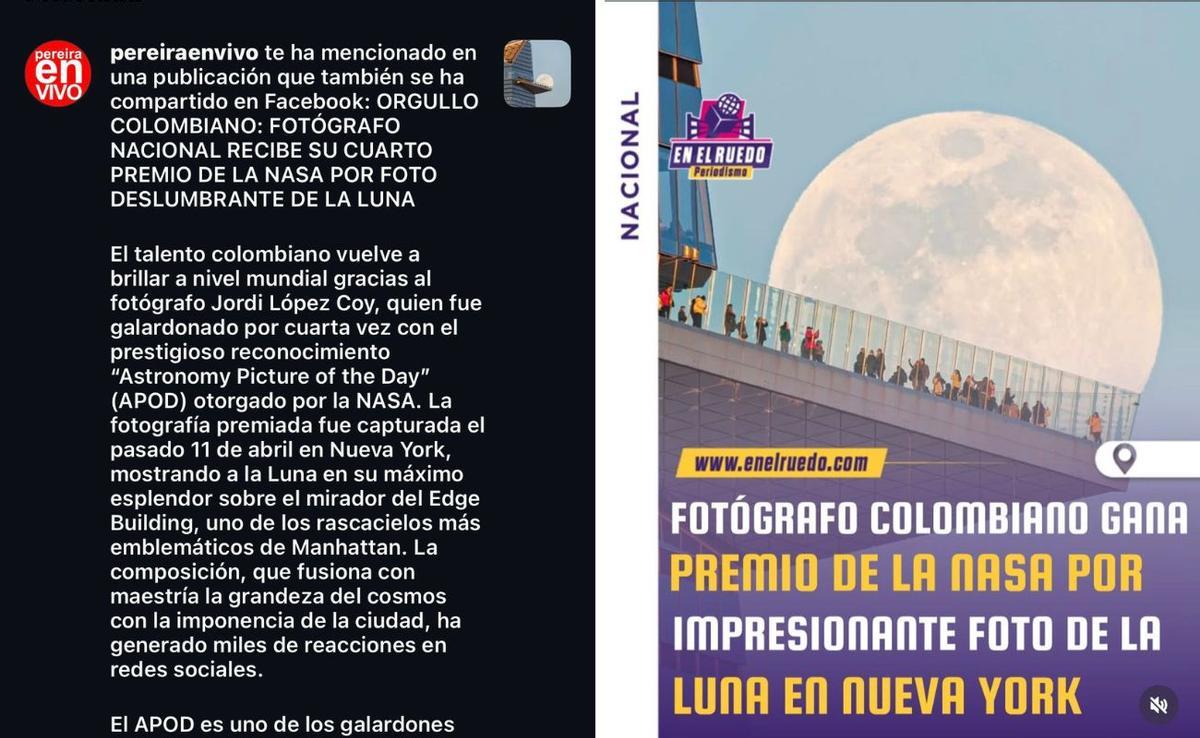 Así informaron del premio al astrofotógrafo Jordi L. Coy otros medios colombianos.