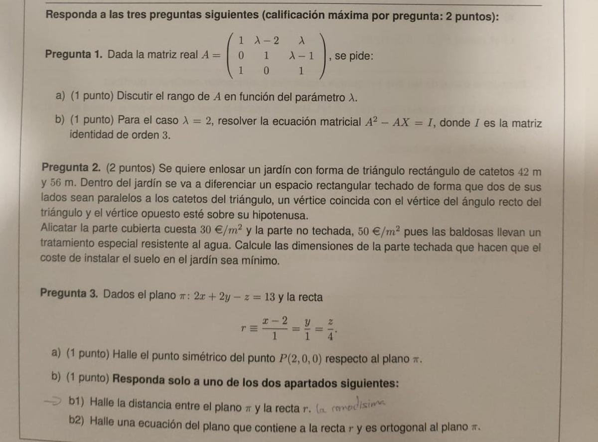 Bloque 1 del examen de Matemáticas II de la PAU 2026 en Madrid
