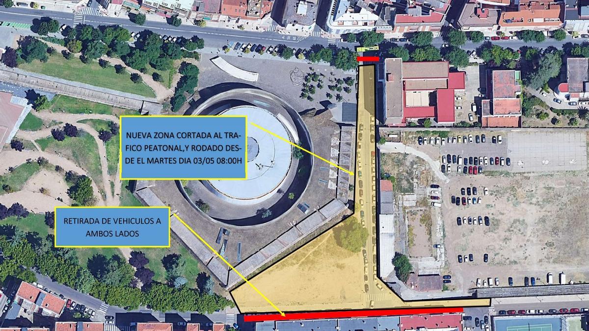 Plano con los cortes de tráfico rodado y peatonal en el entorno de las obras del corredor verde de la calle Stadium.