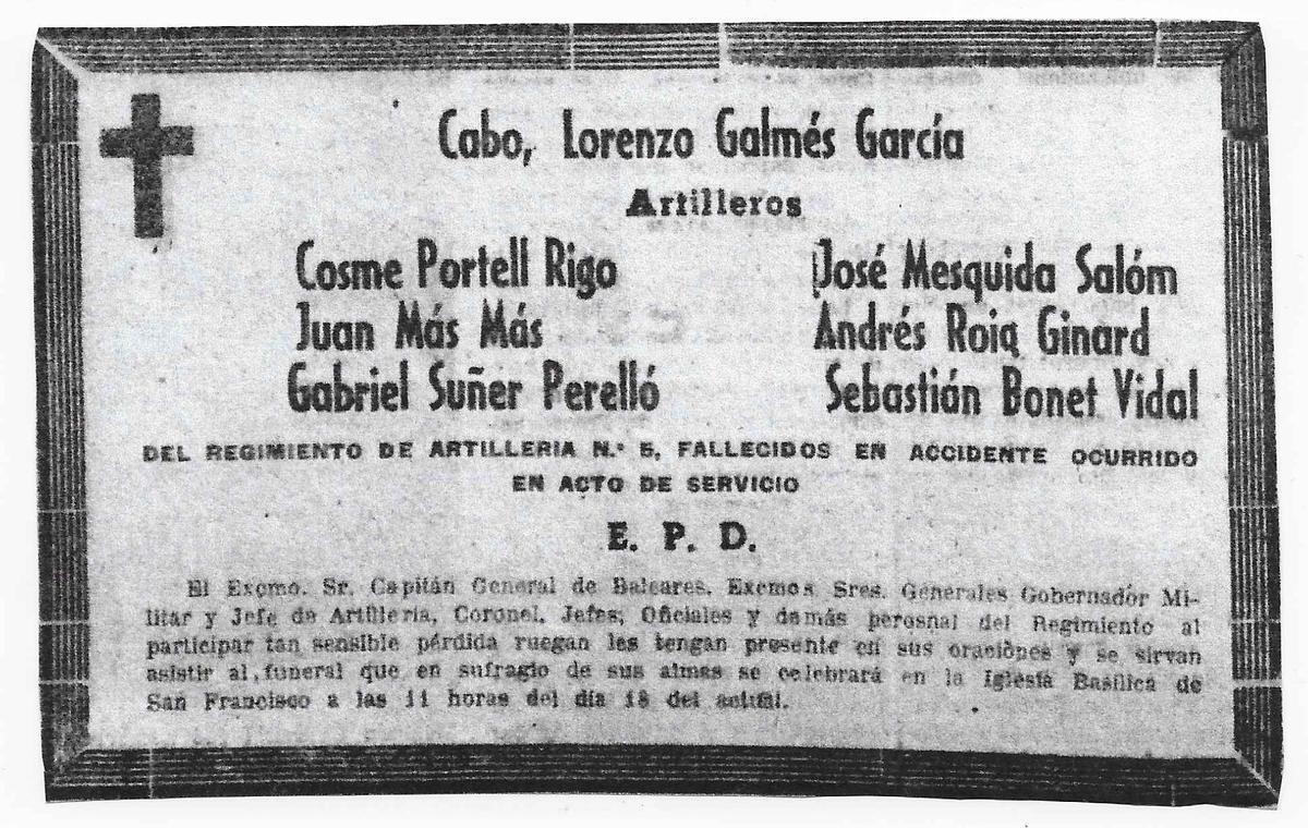 Esquela publicada en La Almudaina el 17 de octubre de 1946 referente a los siete fallecidos.