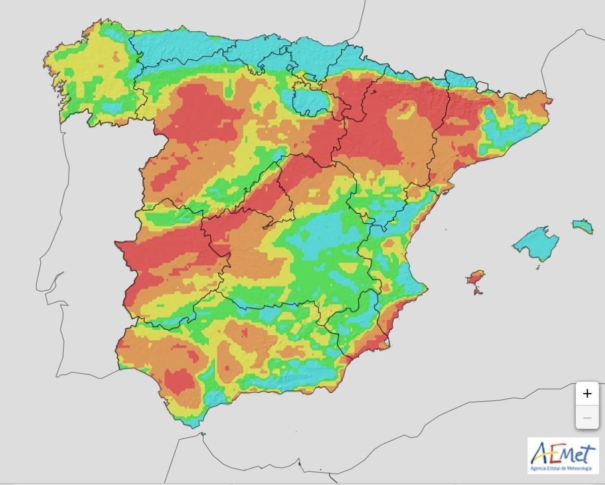 Mapa de riesgo de incendios en España este miércoles, con las Cinco Villas en riesgo extremo