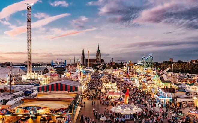 aerial view on Oktoberfest in Munich at sunset hour