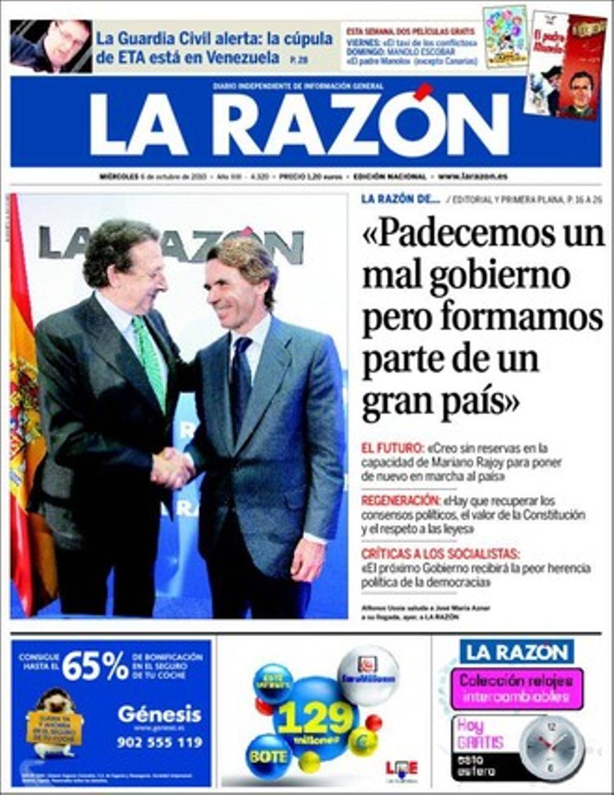A més de dedicar la portada i 14 pàgines --editorial a part-- a la conferència que José María Aznar va pronunciar ahir a la seu del diari acompanyat per la plana major del PP, ’La Razón’ destaca a les pàgines interiors que Alfredo Pérez Rubalcaba ha optat sempre fins ara per candidats perdedors en les primàries al PSOE, i que l’Asociación Nacional por la Libertad Lingüística demana a la fiscalia que indagui els delictes lingüístics que hagi pogut cometre el president Montilla per les decisions que ha pres el Govern de Catalunya.