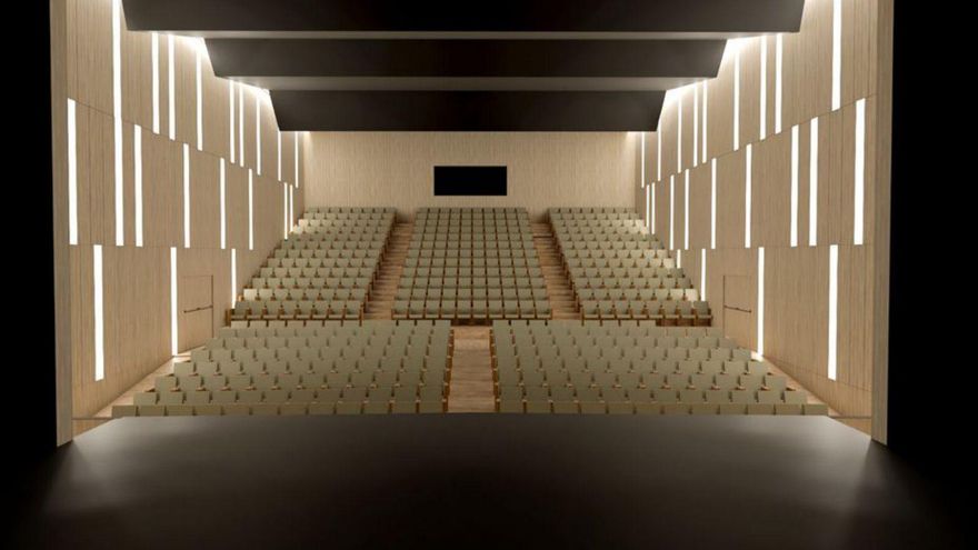 Infografías del exterior (arriba) y la sala del futuro Auditorio Municipal de Candelaria. | | E.D.