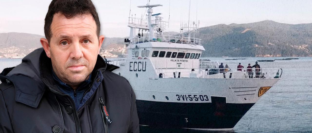 Juan Padín en primer plano. Detrás, una imagen del "Villa de Pitanxo"