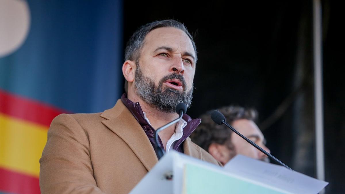 El presidente de Vox, Santiago Abascal, durante una concentración de 'España Existe'