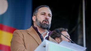 12/01/2020 El presidente de Vox, Santiago Abascal, durante la concentraciÃ³n convocada por la plataforma ’EspaÃ±a Existe’ frente al Ayuntamiento de la capital, en Madrid (EspaÃ±a) a 12 de enero de 2020.