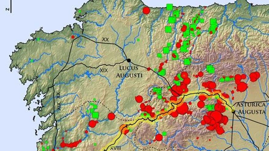 Mapa de distribución de las explotaciones auríferas del Noroeste en relación a las vías romas. Los puntos rojos y verdes son minas en secundario y primario (en la roca. En amarillo, el tramo de la Vía Nova estudiado.