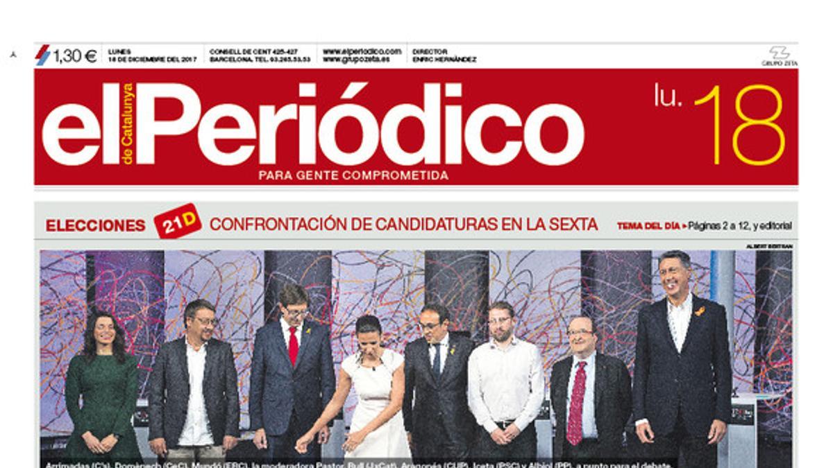 La portada de EL PERIÓDICO del 18 de diciembre del 2017