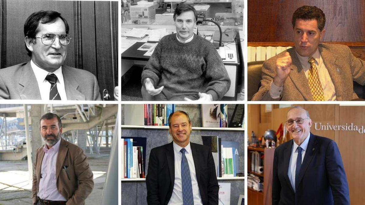 Rectores de la UVigo por orden cronológico, de izquierda a derecha y arriba a abajo: Luis Espada Recarey (1989-1994) José Antonio Rodríguez Vázquez (1994-1998) Domingo Docampo Amoedo (1998-2006) Alberto Gago Rodríguez (2006-2010) Salustiano Mato de la Iglesia (2010-2018) y Manuel Reigosa (2018-2026)