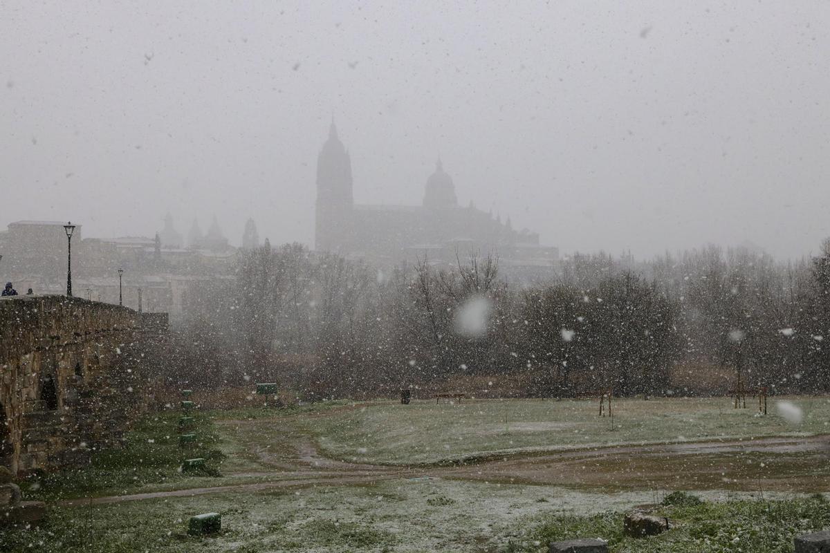 Salamanca no estaba en las previsiones de nevadas para este sábado 2 de marzo según la Agencia Estatal de Meteorología pero una repentina e intensa nevada ha sorprendido a los salmantinos esta mediodía.