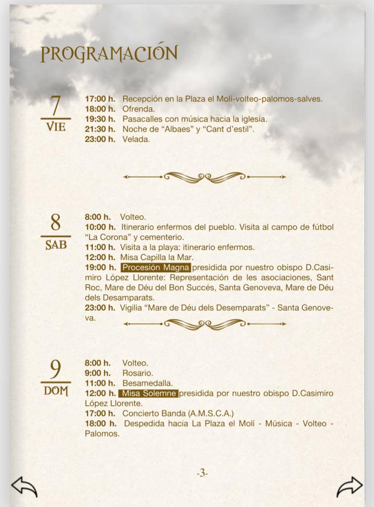 Programa de actos de la visita a Almenara de la Mare de Déu dels Desamparats.