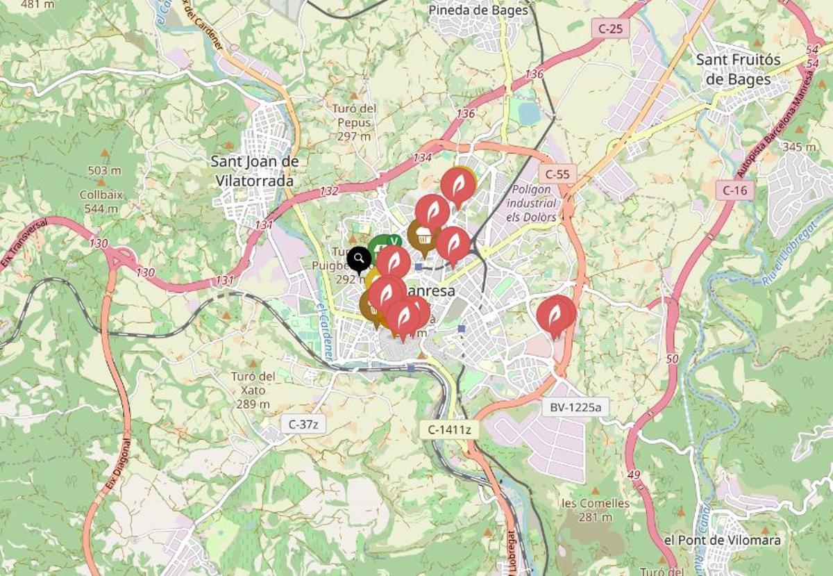 Mapa de restaurants i botigues especialitzades en productes vegans a Manresa