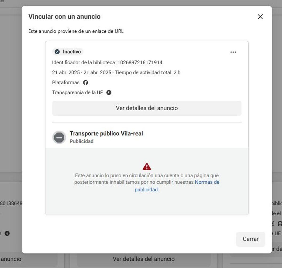 Captura de la página de Facebook en la que se informa de que el anuncio relativo a Vila-real ha sido desactivado.