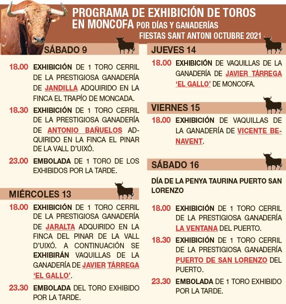 Programa taurino de las fiestas de Sant Antoni de Moncofa.