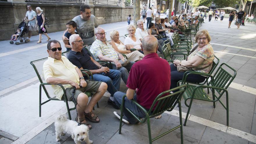 Un grup d&#039;avis asseguts a les cadires del passeig Pere III de Manresa, ahir al matí.