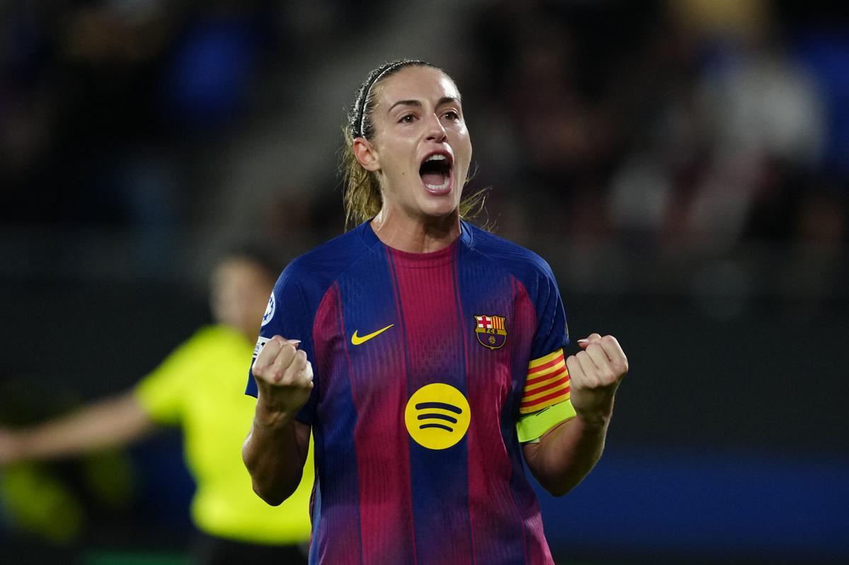 Alexia Putellas celebra su gol durante el partido de Champions entre Barça y OH Leuven