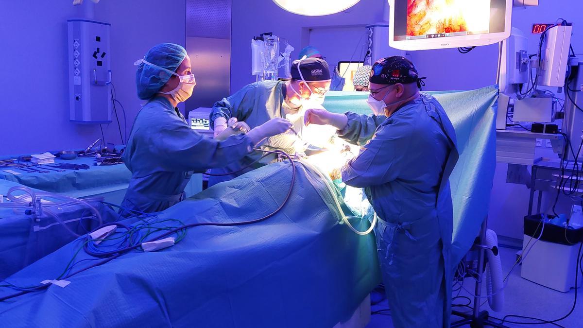 Médicos de Sant Pau practican el triple procedimiento de extracción de un nódulo pulmonar.