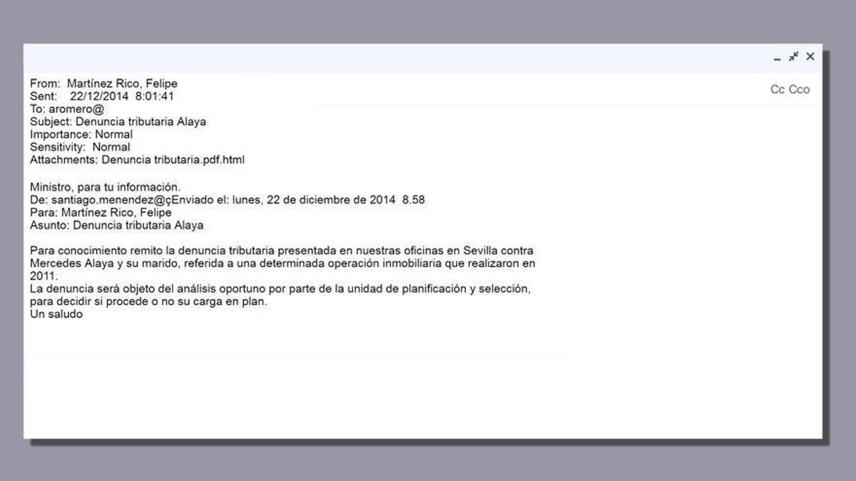 Reproducción del correo electrónico que recibió el exministro Cristóbal Montoro sobre la jueza Alaya.