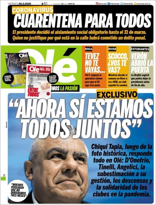 Portada OLÉ viernes 20 marzo 2020