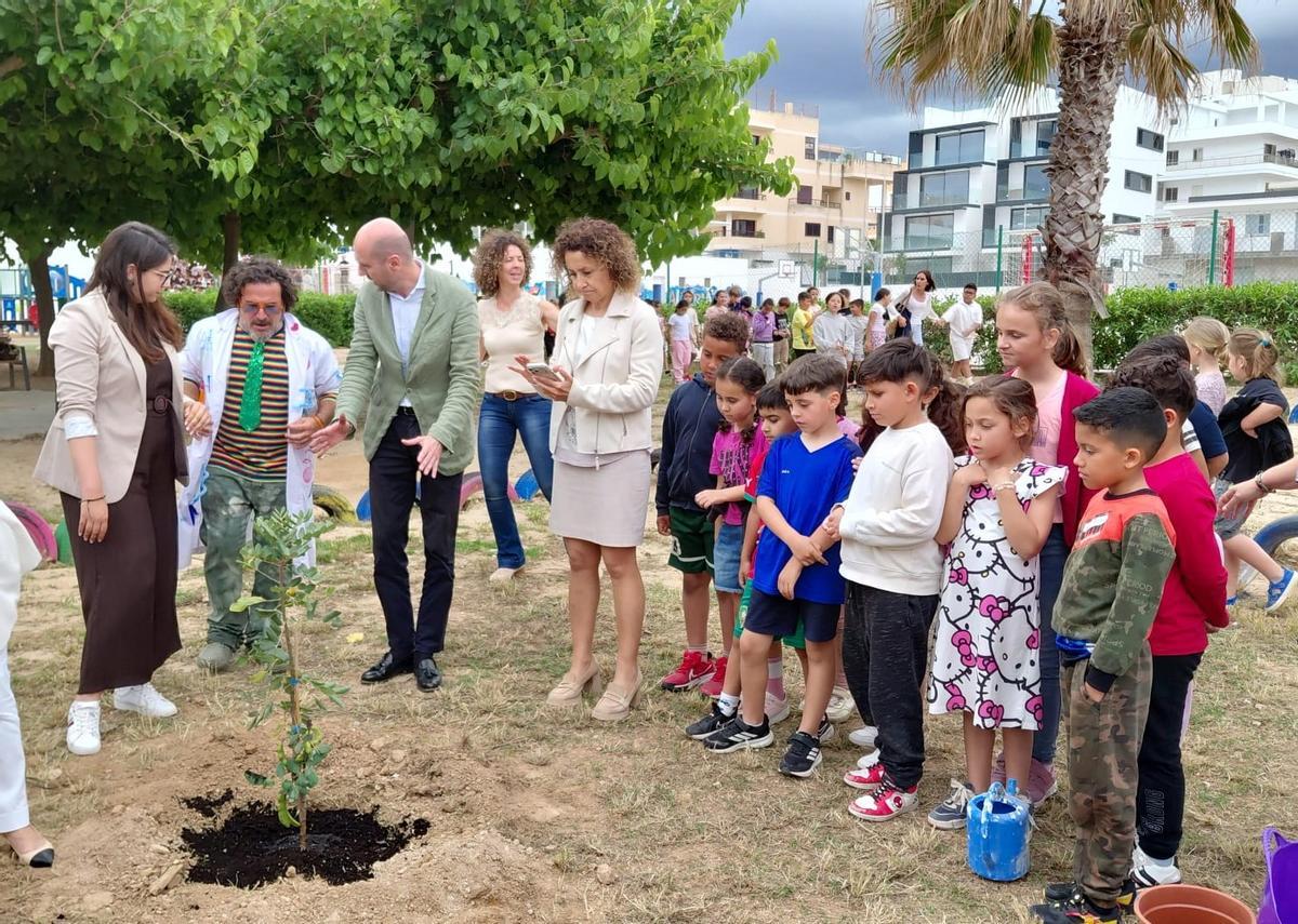 Alumnos y educadores sembrando un árbol en el patio del colegio Cervantes.