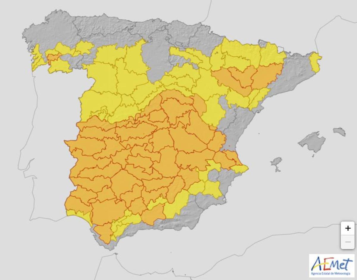 Mapa de España con alertas amarillas y naranjas por calor de la AEMET para este miércoles 24 de julio de 2024