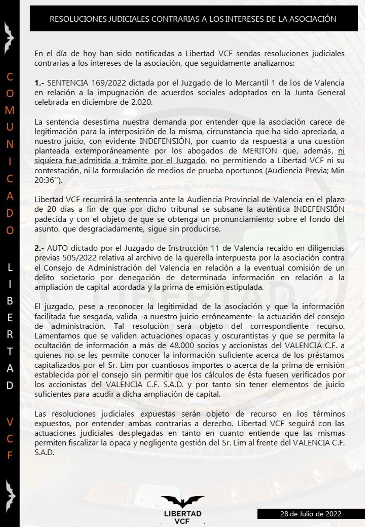 Nota de prensa de Libertad VCF