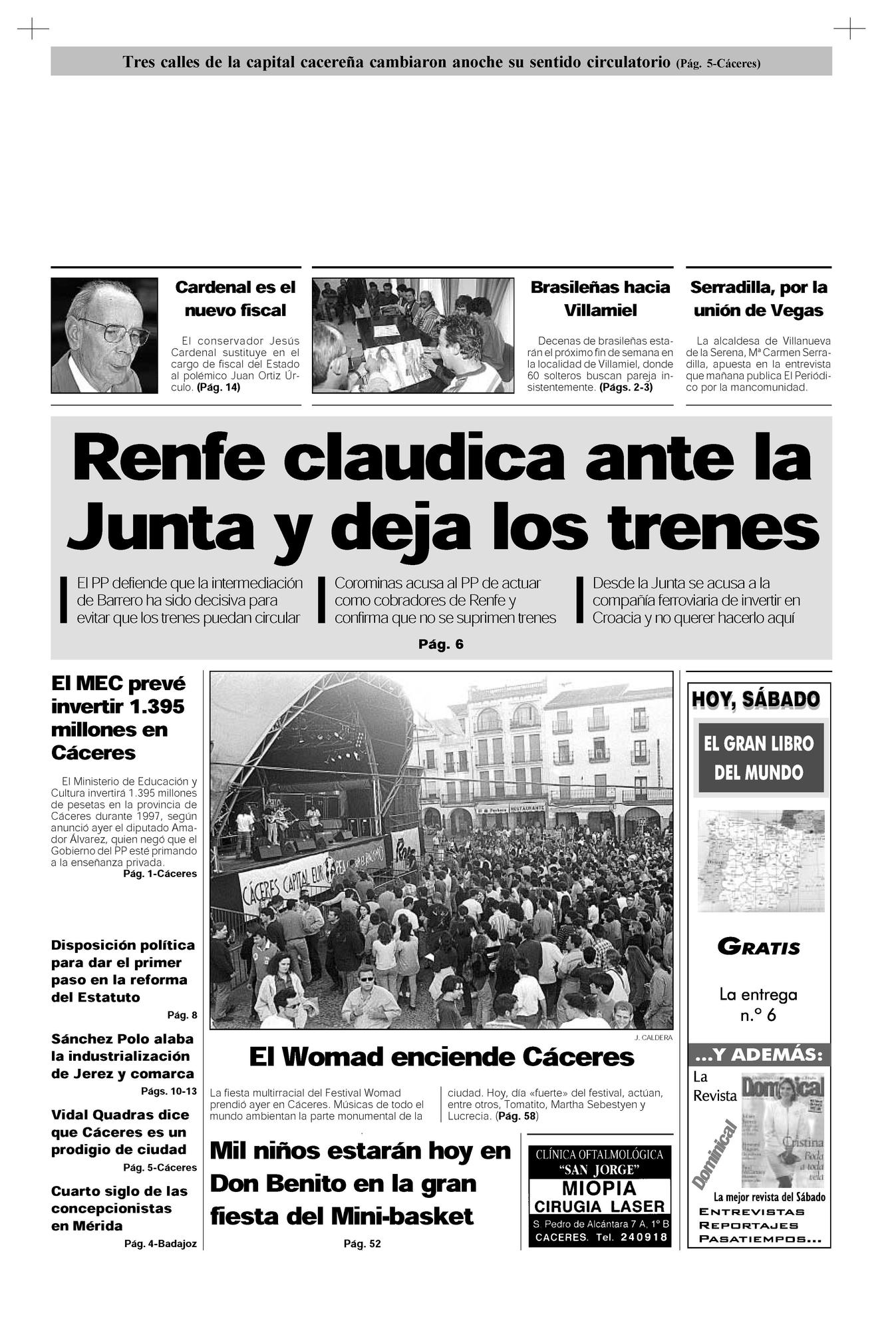 Portada de El Periódico Extremadura el 10 de mayo de 1997.