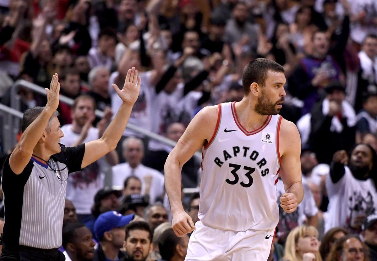 May 12, 2019; Toronto, Ontario, CAN;    Toronto Raptors center Marc Gasol (33) reacts after making a basket against the Philadelphia 76ers in game seven of the second round of the 2019 NBA Playoffs at Scotiabank Arena. Mandatory Credit: Dan Hamilton-USA TODAY Sports