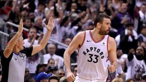 May 12, 2019; Toronto, Ontario, CAN;    Toronto Raptors center Marc Gasol (33) reacts after making a basket against the Philadelphia 76ers in game seven of the second round of the 2019 NBA Playoffs at Scotiabank Arena. Mandatory Credit: Dan Hamilton-USA TODAY Sports