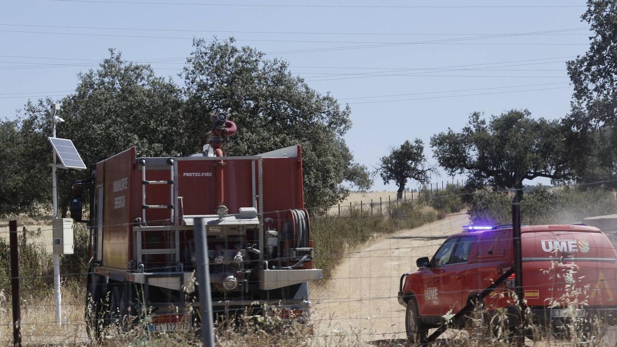 Vehículos de la Unidad Militar de Emergencias, este domingo en el campo de maniobras de Cerro Muriano.
