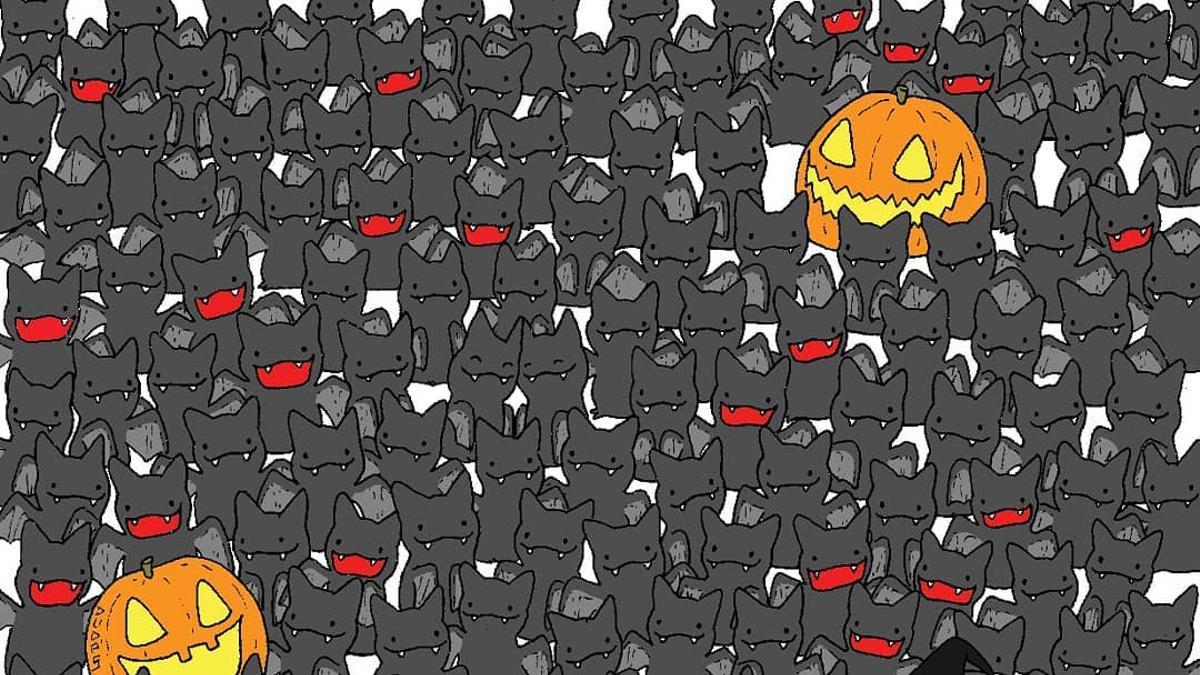 Acertijo visual de Halloween obra del artista húngaro Dudolf en el que hay que encontrar un gato negro en medio del mar de murciélagos