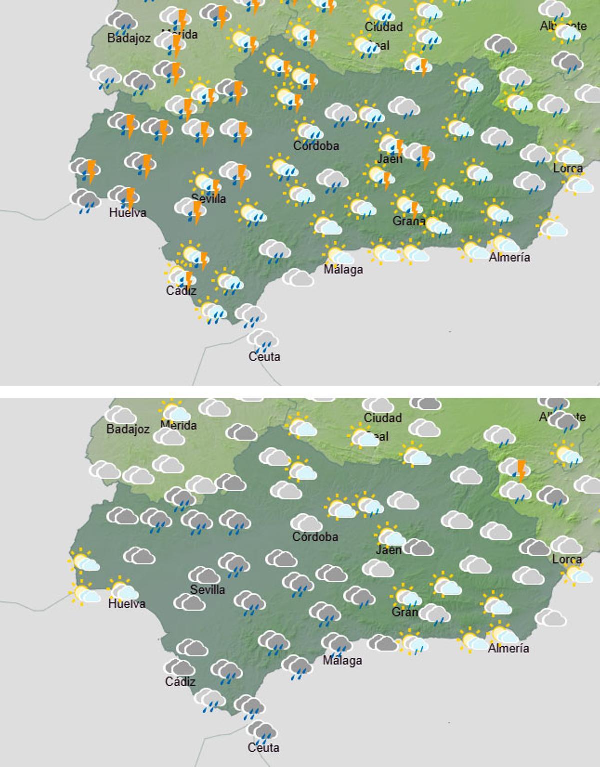 Previsión el lunes (imagen superior) y el martes (inf.).
