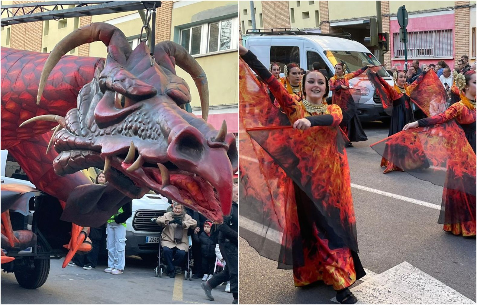 Desfile de animación con las llamas al viento