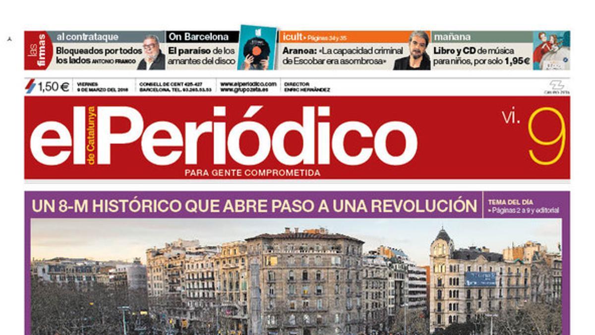 La portada de EL PERIÓDICO DE CATALUNYA del 9 de marzo del 2018