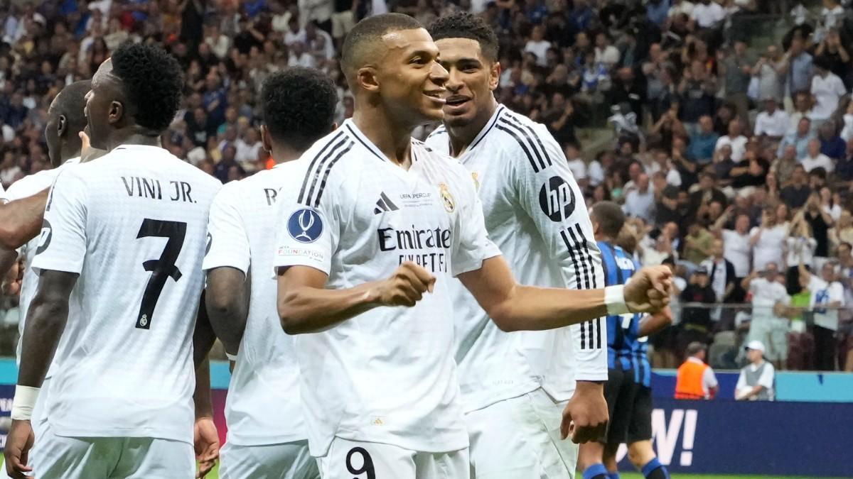 Mbappé celebra su primer gol con la camiseta del Real Madrid